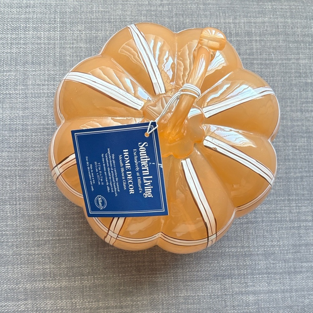 NWT Southern Living Hand Blown Glass Pumpkin Orange White Striped Fall Decor - Picture 9 of 10